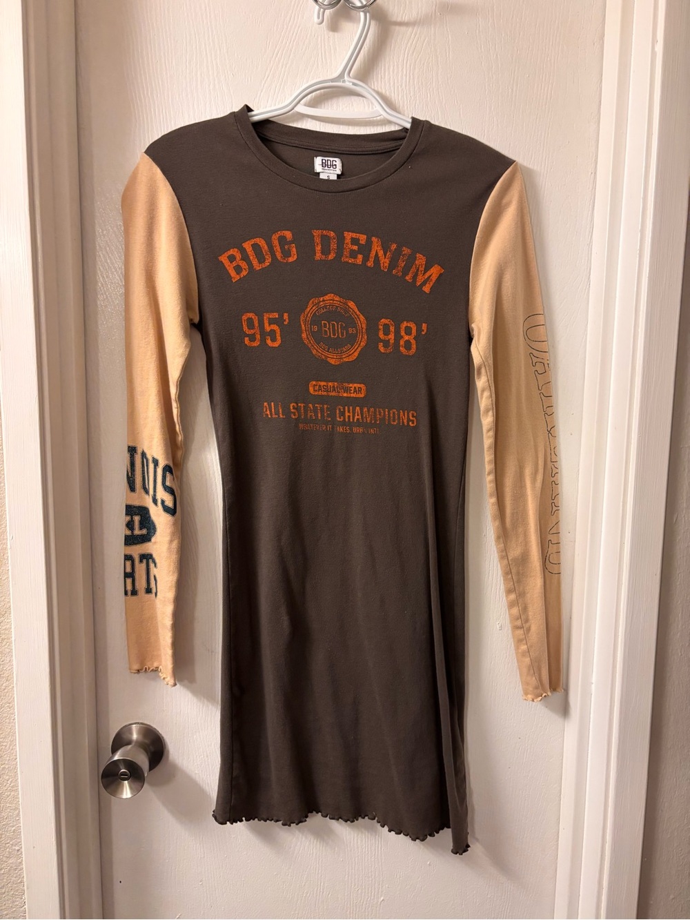 BDG Brown Crewneck Graphic Long Sleeve Tee Dress with Orange Print